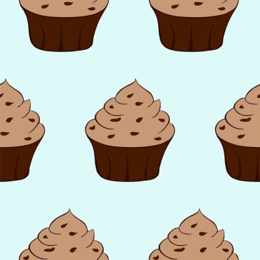 Mavi arka planda izole edilmiş lezzetli çikolatalı kekler. Tatlı, pürüzsüz desen. Vektör illüstrasyonu