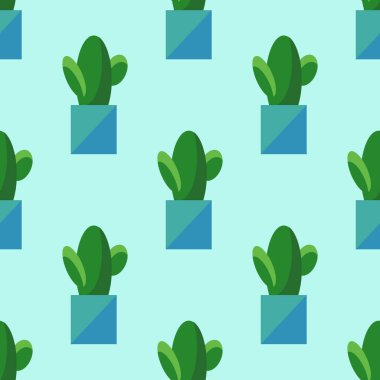 Mavi arka planda izole edilmiş tencerelerdeki kusursuz kaktüs deseni. Basit karikatür vektör stili. Düz dizayn. Ev bitkisi çizimi