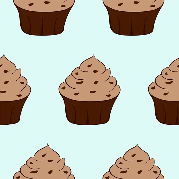 Smaklig choklad muffins isolerad på blå bakgrund. Söt dessert sömlöst mönster. Vektorillustration — Stock vektor