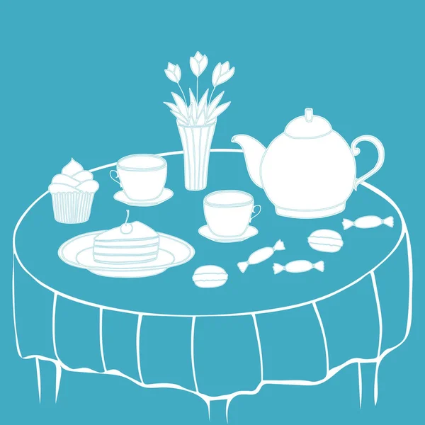 Doodle tea time collection. Teapot, cups, cakes, sweets, vase with flowers on round table. Hand drawn still life. Vector illustration. White silhouette elements on blue background. — Stock Vector