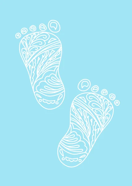 Menselijke voetafdruk. Vector Illustratie. Design element geïsoleerd op lichtblauwe achtergrond. Zentangle en doodle stijl. Pasgeboren jongen concept — Stockvector