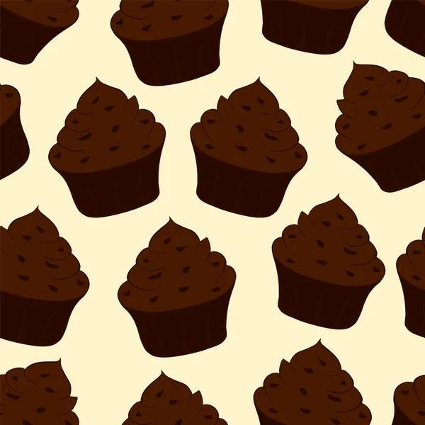 Tasty chocolate cupcakes isolated on yellow background. Sweet dessert seamless pattern. Vector illustration — Stock Vector