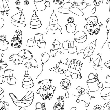 Güzel oyuncaklar, kusursuz desenler. Beyaz arkaplanda izole edilmiş ana hatlar. Arka plan, tekstil, bebek partisi, kumaş baskısı, ambalaj kağıdı için. El çizimi vektör illüstrasyonu