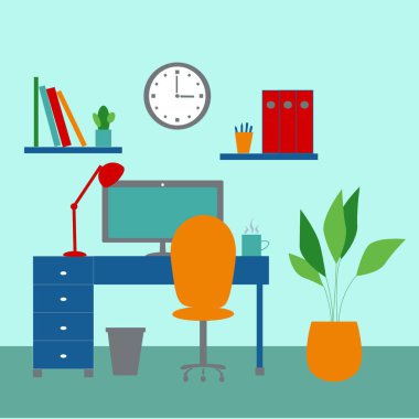 Tasarımcı masaüstü ile modern ev ofisinin düz tasarım vektör çizimi. Ev konsepti üzerinde çalışıyorum. Mavi arka planda bir işyeri. Yaratıcı bir girişimcinin çalışma alanı