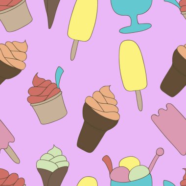 Renkli, pürüzsüz dondurma deseni. Mor arka plan. Yaz yiyecekleri illüstrasyonu. Tatlı Donmuş Tatlılar. Paket kağıdı, kumaş baskısı, duvar kağıdı için tasarım. Parlak şablon. Düz çizgi film