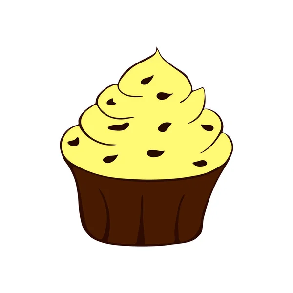 Cupcake med choklad strössel isolerad på en vit bakgrund. Söt efterrätt med gul grädde. Banan, citron eller vaniljsmak. Vektorillustration — Stock vektor