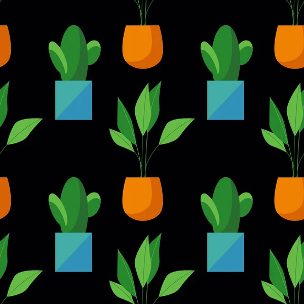 Nahtloses Muster von Kakteen und Ficus in Töpfen isoliert auf schwarzem Hintergrund. Einfacher Cartoon-Vektor-Stil. Flaches Design. Illustration zur Zimmerpflanze — Stockvektor