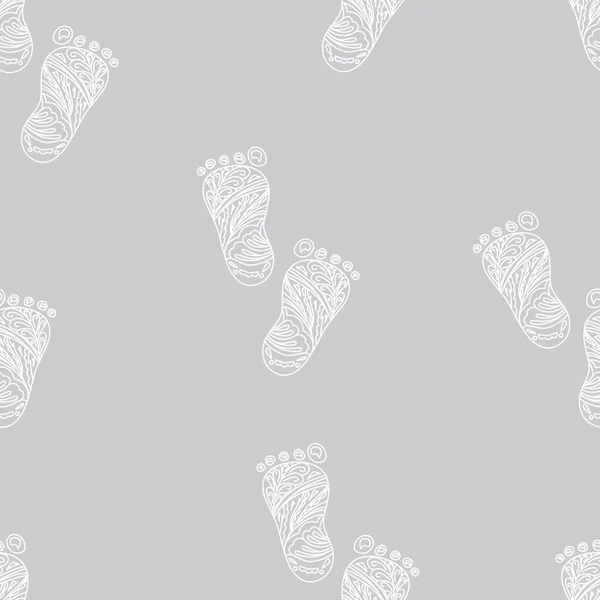 인간의 발 자국. 매끄럽지 않은 패턴. 벡터 일러스트레이션. 흰 줄이 회색 바탕에 고립되어 있었다. Zentangle 과 doodle 스타일 — 스톡 벡터