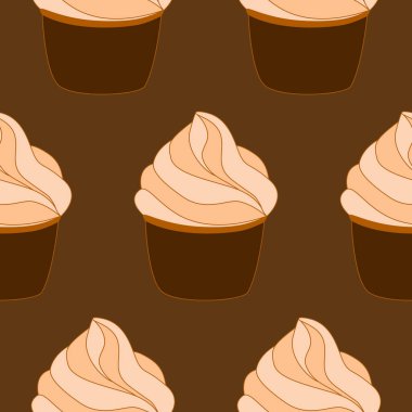 Keklerle kusursuz desen. Vektör el çizimi. Kahverengi arka planda izole edilmiş tatlı. Paketleme, ambalaj kağıdı, duvar kağıdı olarak kullanılabilir