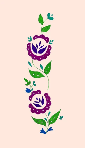 Decorative composition of abstract doodle flowers and leaves. Floral motif illustration. Design element. Hand drawn vertical ornament isolated on light pink background. — Stock Photo, Image