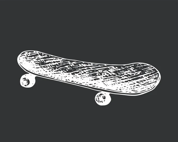 Skateboard, longboard, pennyboard isolé sur fond gris. Illustration vectorielle de style gravé pour affiche, décoration ou impression. Croquis dessiné à la main. Dessin détaillé de gravure vintage — Image vectorielle