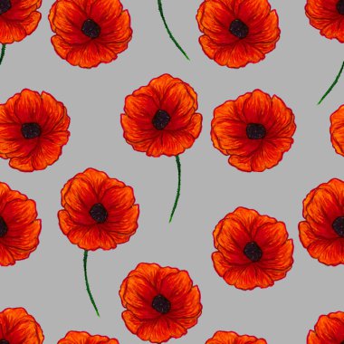 Gri arka planda izole edilmiş güzel kırmızı gelincikler. Parlak Çiçeksiz Desen. Yaz arkaplanı. Tekstil, duvar kağıdı, baskı, web tasarımı, kumaş, ambalaj kağıdı için kullanılabilir. El çizimi illüstrasyon