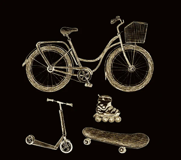 Set of sport transport objects: bicycle, scooter, roller and skateboard. Sketch isolated on black background. Hand-drawn illustration. — Stock Photo, Image