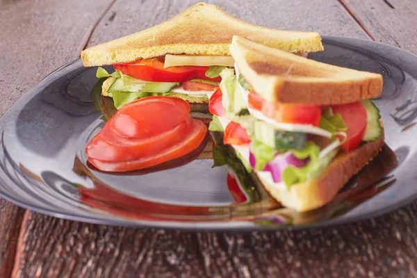 Sanduíches saudáveis com queijo mole e legumes crus de primavera em pão de centeio crocante — Fotografia de Stock