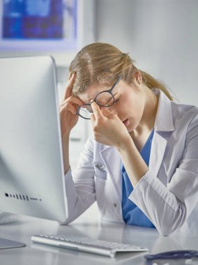 Genç kadın doktor bilgisayar ile çalıştıktan sonra yorgun