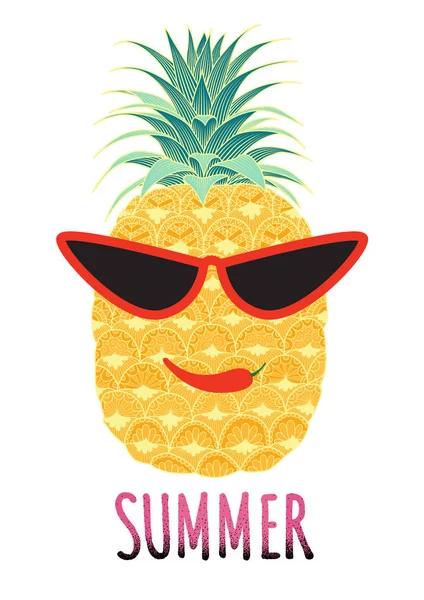 Fresca Piña Con Sunglasse Rojo Con Eslogan Verano Para Camiseta — Vector de stock