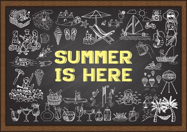 手画的例证关于夏天活动和词夏天这里在中间 矢量插图 — 图库矢量图片