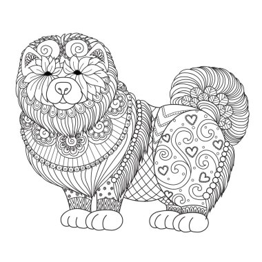 Tasarım öğesi ve kitap sayfa yetişkin renklendirme için şirin Chao Chao köpek. Vektör çizim