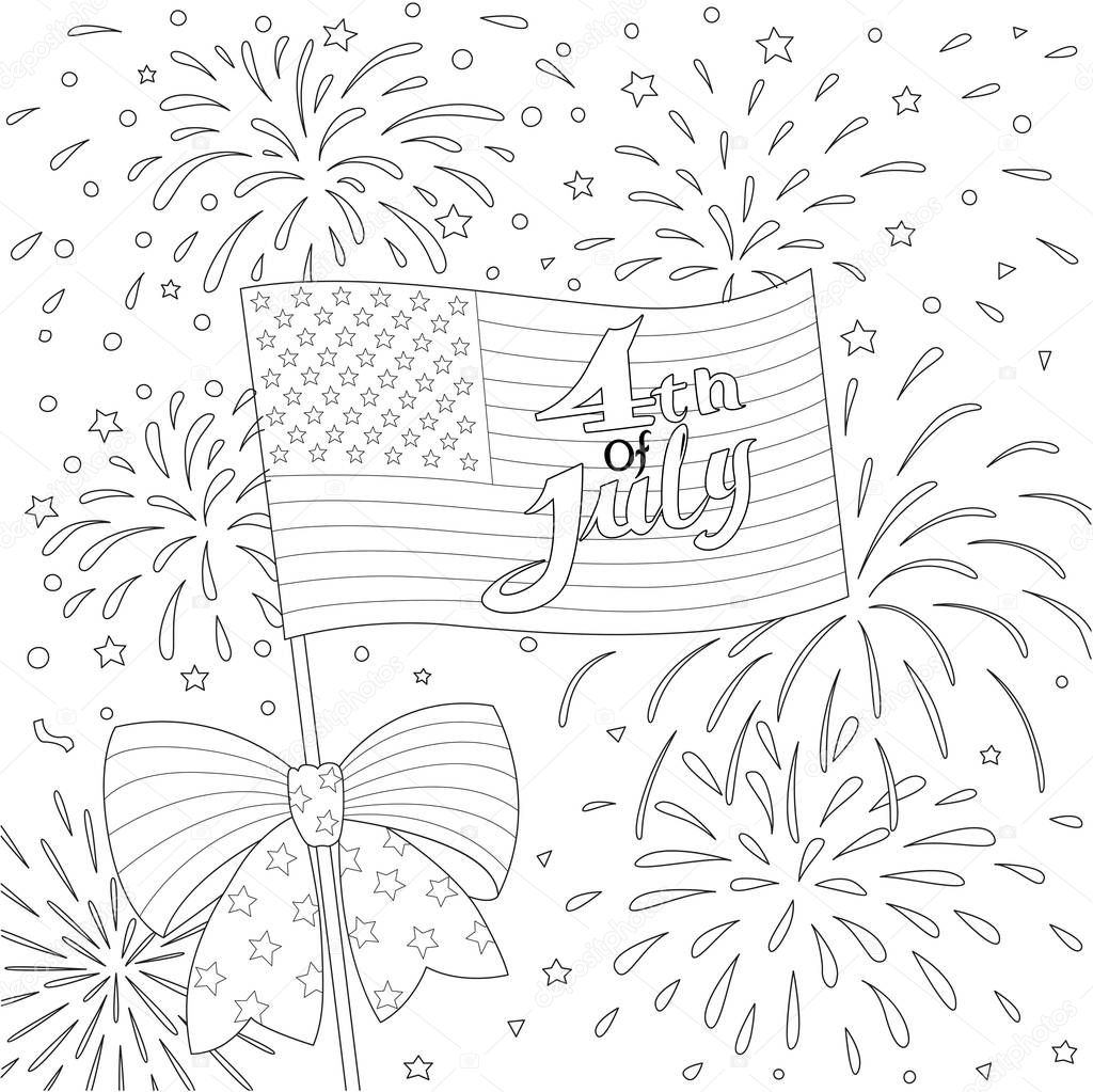 Lines design of American flag with firework, happy 4th of July for design element and coloring book page. Vector
