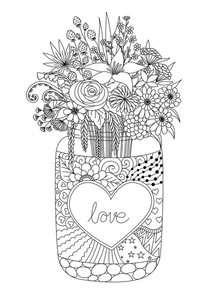 Linienkunst Design Von Blumen Auf Einem Einmachglas Zum Gravieren Valentinskarte — Stockvektor