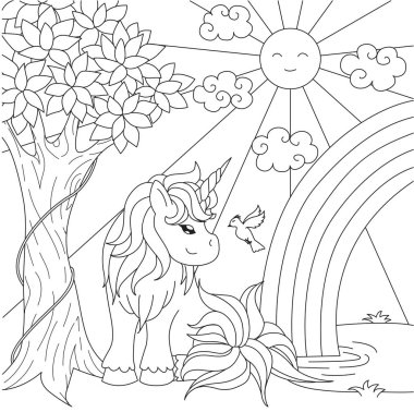 Gökkuşağı tasarım öğesi için gölet üzerinde izlemek ve kitap sayfa boyama şirin boynuzlu at. Vektör çizim