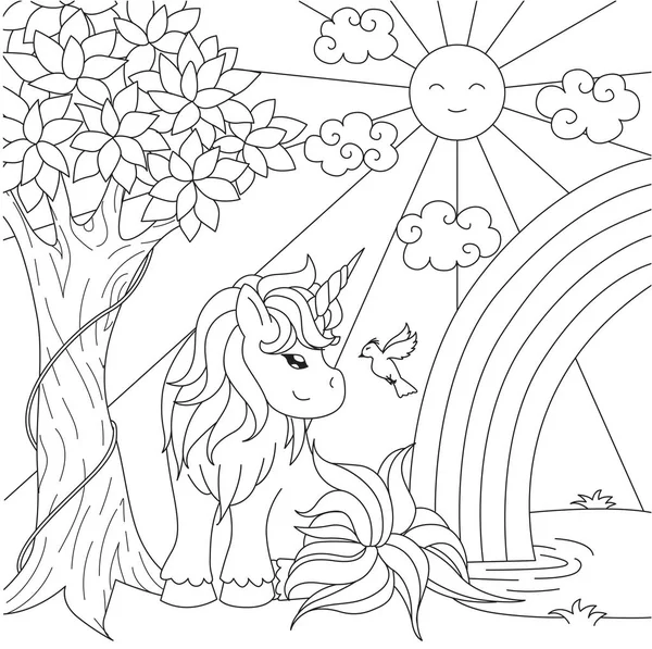 Cute Unicorn Watching Rainbow Pond Design Element Coloring Book Page — Stock Vector