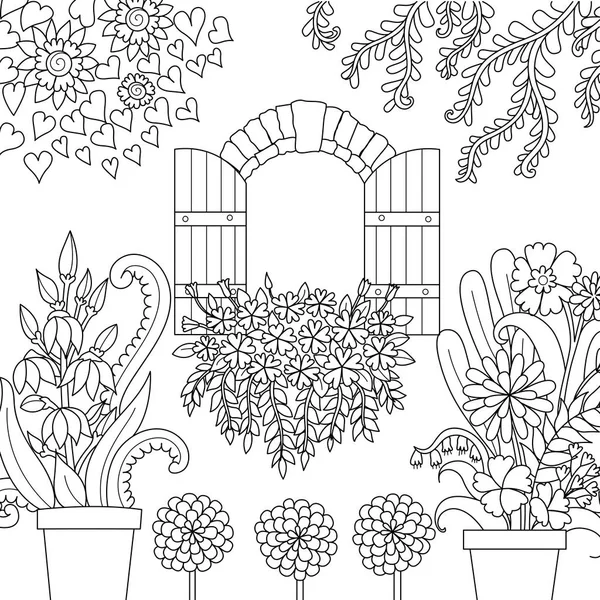 Ventana Hermoso Jardín Para Colorear Página Del Libro Ilustración Vectorial — Archivo Imágenes Vectoriales
