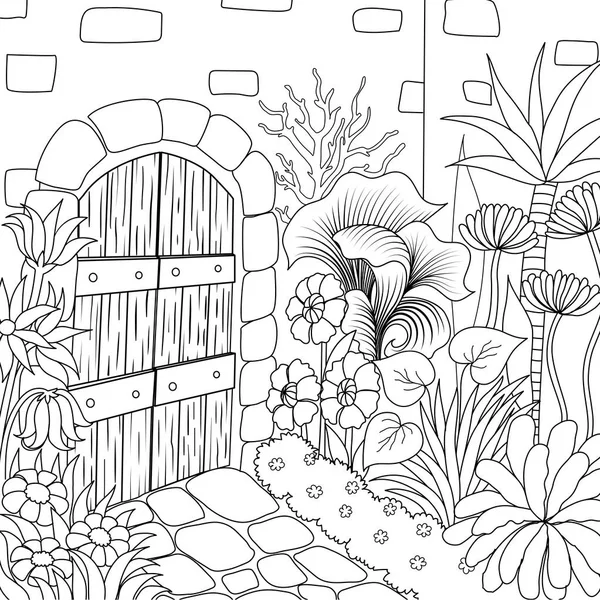 Arte Linha Simples Belo Jardim Para Colorir Página Livro Ilustração — Vetor de Stock