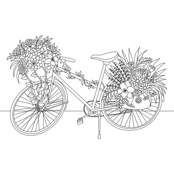 Linienkunst Des Fahrrads Dekorieren Mit Blumen Für Design Element Vektorillustration — Stockvektor