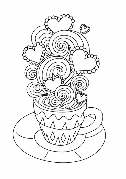 线条艺术设计的热咖啡与美丽的滚动 心脏框架为您的文本 矢量插图 — 图库矢量图片