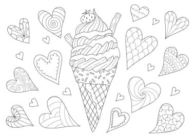 Sanat tasarım dondurma koni tasarım öğesi ve kitap sayfa boyama için sıraya. Vektör çizim
