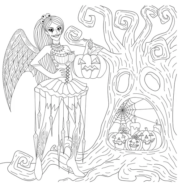 哥特式女孩与万圣节角色扮演举行装饰南瓜站在干树前与脸形状着色书 颜色页抗压力 — 图库矢量图片