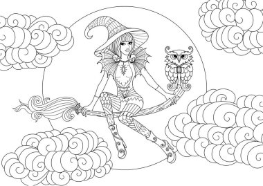 Bulutlar ve ay, anti stres için kitap sayfa renklendirme için stilize çizgi sanat zentangle arasında gece kuşu ile sihirli bir çiçek üzerinde oturan güzel küçük cadı. Vektör çizim