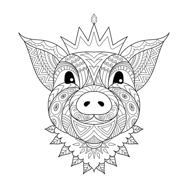 Zentangle Stylisé Bébé Porc Portant Couronne Signe Chinois Année 2019 — Image vectorielle