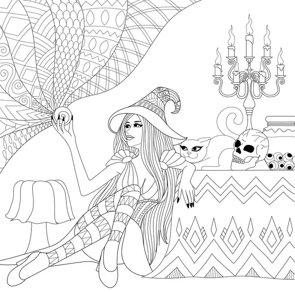 Colouring Pages Coloring Book Adults Halloween Girl Witch Crystal Ball — Stock Vector