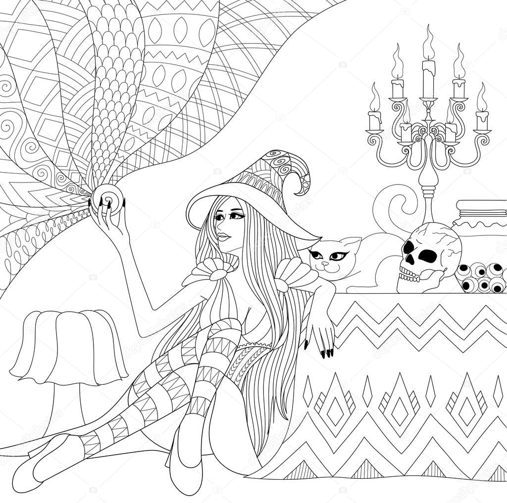 Colouring Pages. Coloring Book for adults. Halloween girl or witch with crystal ball. Horror background with skull,candles and cat. Antistress freehand sketch drawing with doodle and zentangle elements.