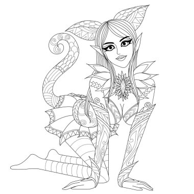 Boyama sayfaları. Boyama kitabı yetişkinler için. Baştan çıkarıcı poz ile kedi kız. Anti stres serbest çizim doodle ve zentangle öğeleri ile kroki. Vektör çizim