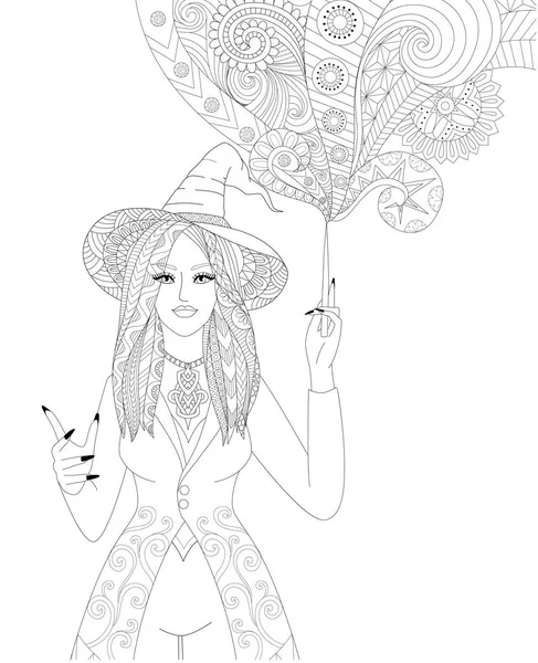 Colouring Pages Coloring Book Adults Halloween Girl Witch Spelling Magic — Stock Vector