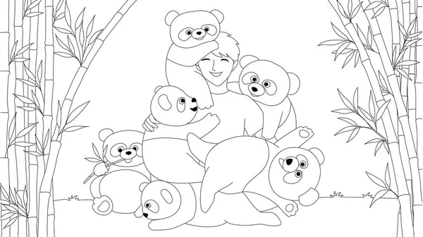 Chino Disfrutar Jugando Con Pandas Lindos Bosque Árboles Bambú Para — Vector de stock