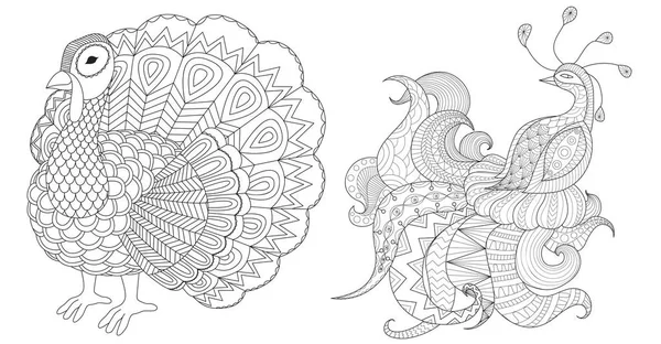Turecko Peacock Kolekce Pro Zbarvení Stránku Knihy Potisku Vektorové Ilustrace — Stockový vektor