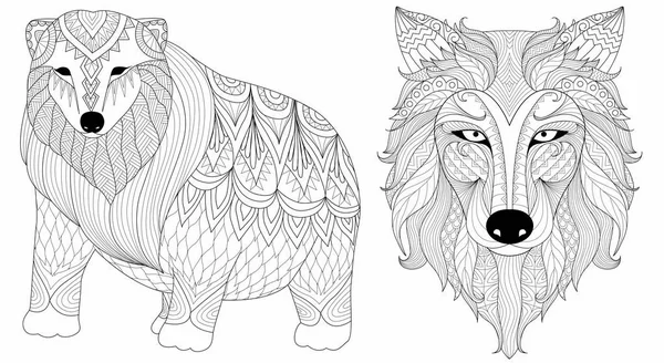 北极熊和狼线艺术设计的着色书 着色页和设计元素 向量例证 — 图库矢量图片