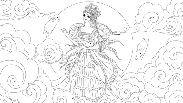 中国月亮女神与可爱的狂犬病的设计元素和着色书页的抗应力 向量例证 — 图库矢量图片