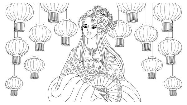 Pretty asian girl wearing Chinese traditional dress with lantern in background for coloring book page.Vector illustration