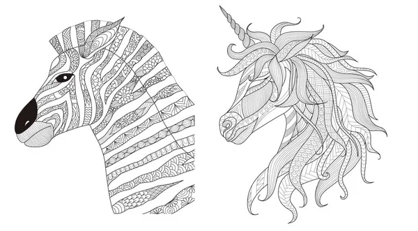 Zentangle Stilizált Zebra Egyszarvú Nyomtatott Termék Színezés Könyv Oldal Stressz — Stock Vector