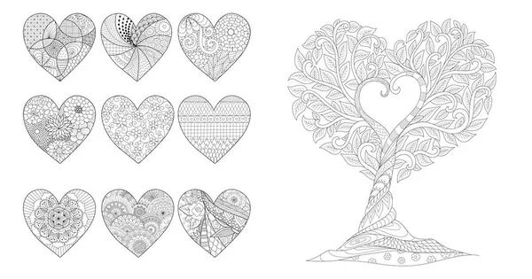 Zentangle 心とバレンタイン カードまたは招待状結婚式の好意し アンチ ストレスのページを着色のツリー ベクトル図 — ストックベクタ