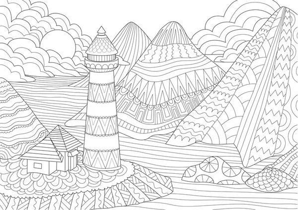 Coloring Page Coloring Book Adults Colouring Pictures Light House Mountains — Stock Vector