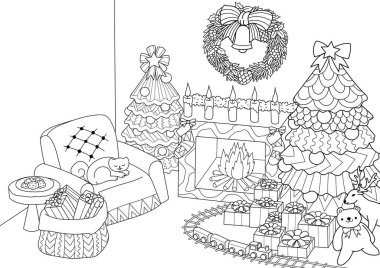 Boyama kitabı, boyama sayfası zentangle, stilize Noel ağacı, şömine, Noel Baba, Noel çelenk ve hediyeler için tekli. Vektör çizim