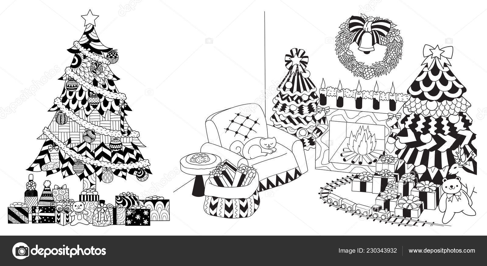 Kerstboom Presenteert Ornamenten Tekening Set Voor Kaarten Kleurboek