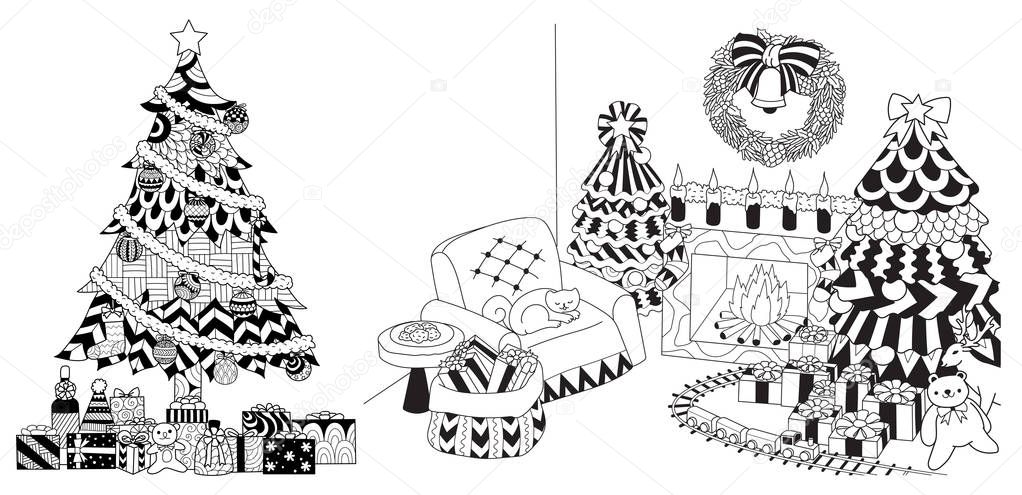 Christmas tree,presents and ornaments drawing set for cards and coloring book,coloring page.Vector illustration