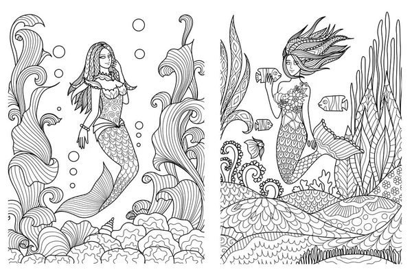 Beautiful Mermaids Swimming Sea Setfor Adult Coloring Book Coloring Pages — Stock Vector